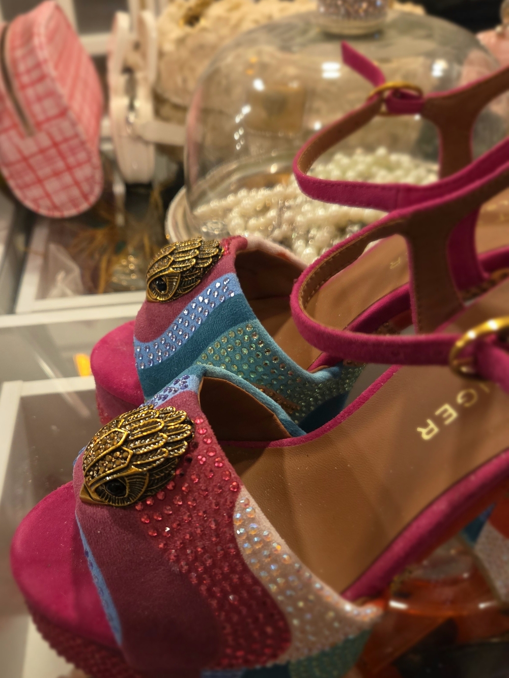 Kurt Geiger Pink & Turquoise Embellished Block Heels - Picture 2 of 6